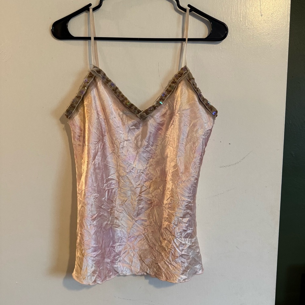 Vintage Y2K VOXX NY pink tie dye beaded neckline satin tank top cami size large